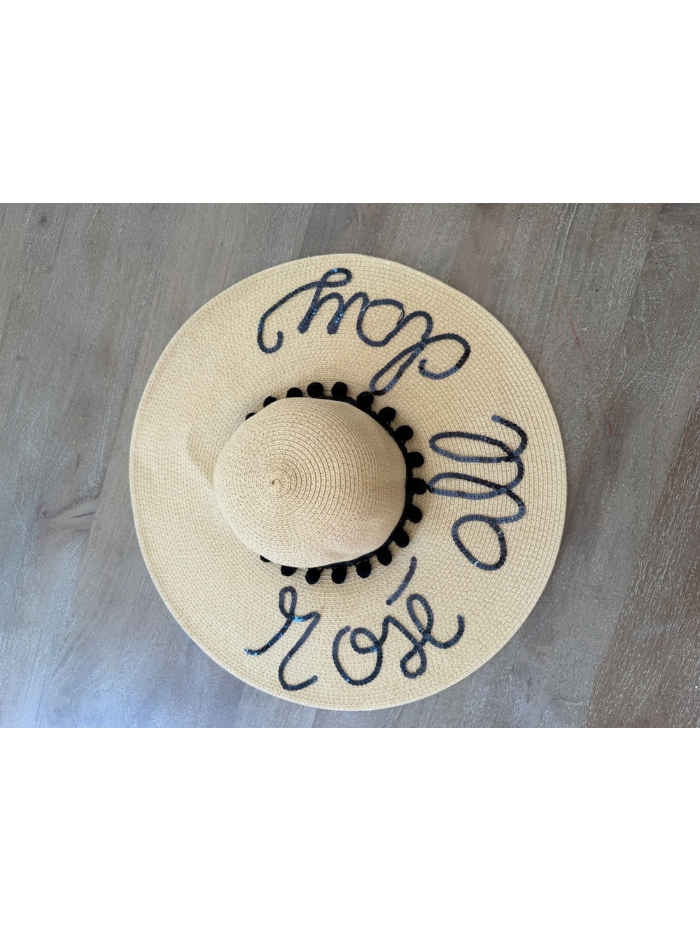 Rose All Day Wide Brim Straw Sun Hat Black Pom Pom Trim Sequin Script One Size